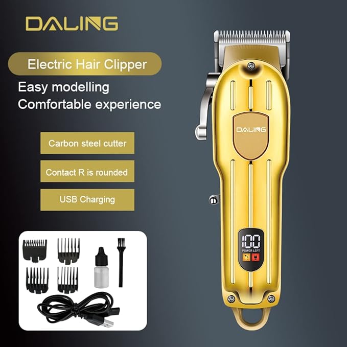 DALING DL-1538 professional hair clipper, transparent usb body electric male hair clipper Professional hair trimmer for men Hair Trimmer With Wireless Rechargeable Visor (Gold)