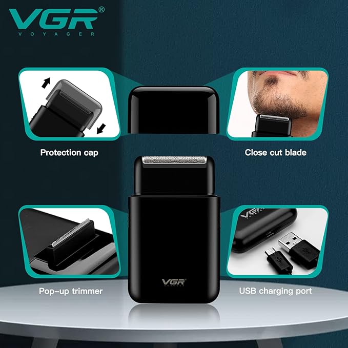 VGR V-390 Professional Electric Ultra Thin Shaver Rechargeable Razor for Face Care Beard Trimmer Reciprocating Blade with USB for Men's 