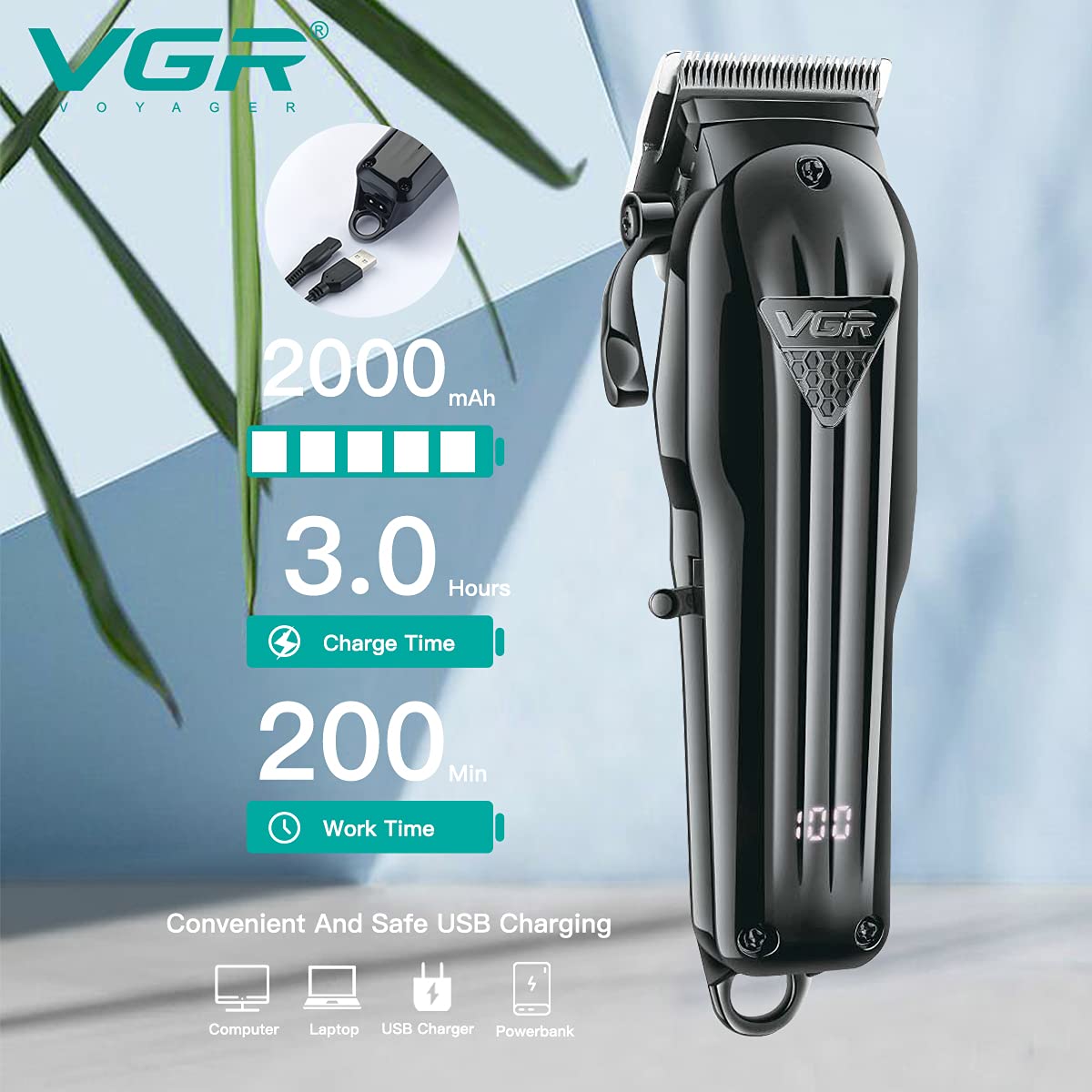VGR V-282 Salon Series Professional Digital Display Cordless Hair Clipper Electric Hair Cutter Kit Wireless Hair Grooming Trimmers Set, Rechargeable Li-ion Battery 2000mAh 200 minutes Runtime