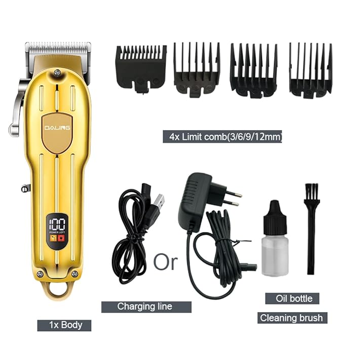 DALING DL-1538 professional hair clipper, transparent usb body electric male hair clipper Professional hair trimmer for men Hair Trimmer With Wireless Rechargeable Visor (Gold)